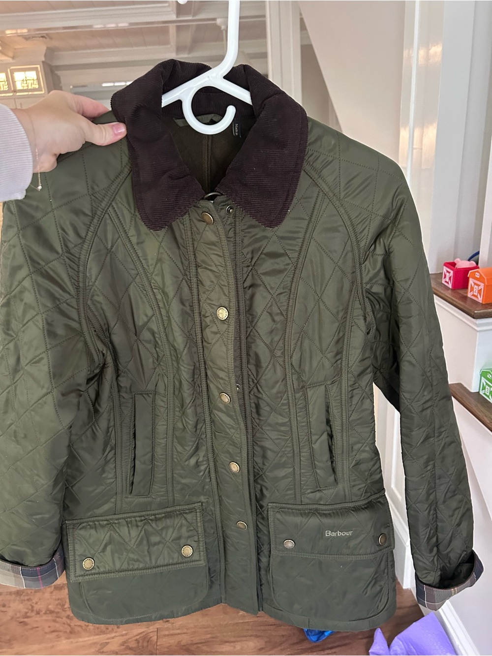 Barbour Olive Quilted Utility Jacket with Dark Brown Corduroy Collar
